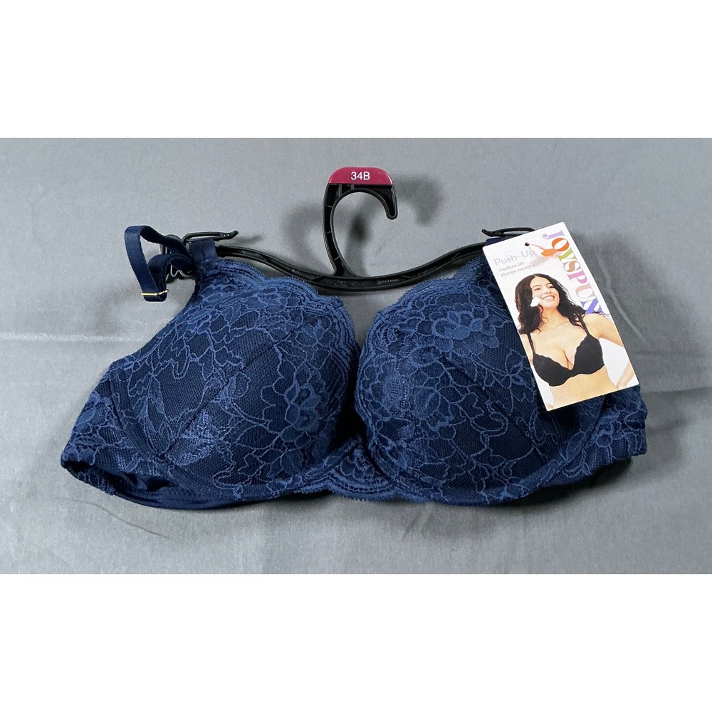 Joyspun‎ Navy Water Lace Push Up Bra 34B Medium Lift Plunge Neckline NWT